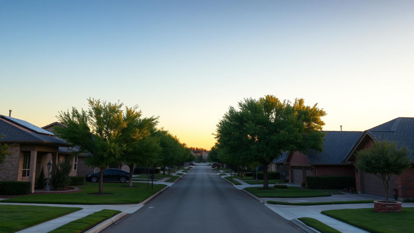 Austin-area suburban street of single-family homes at golden hour