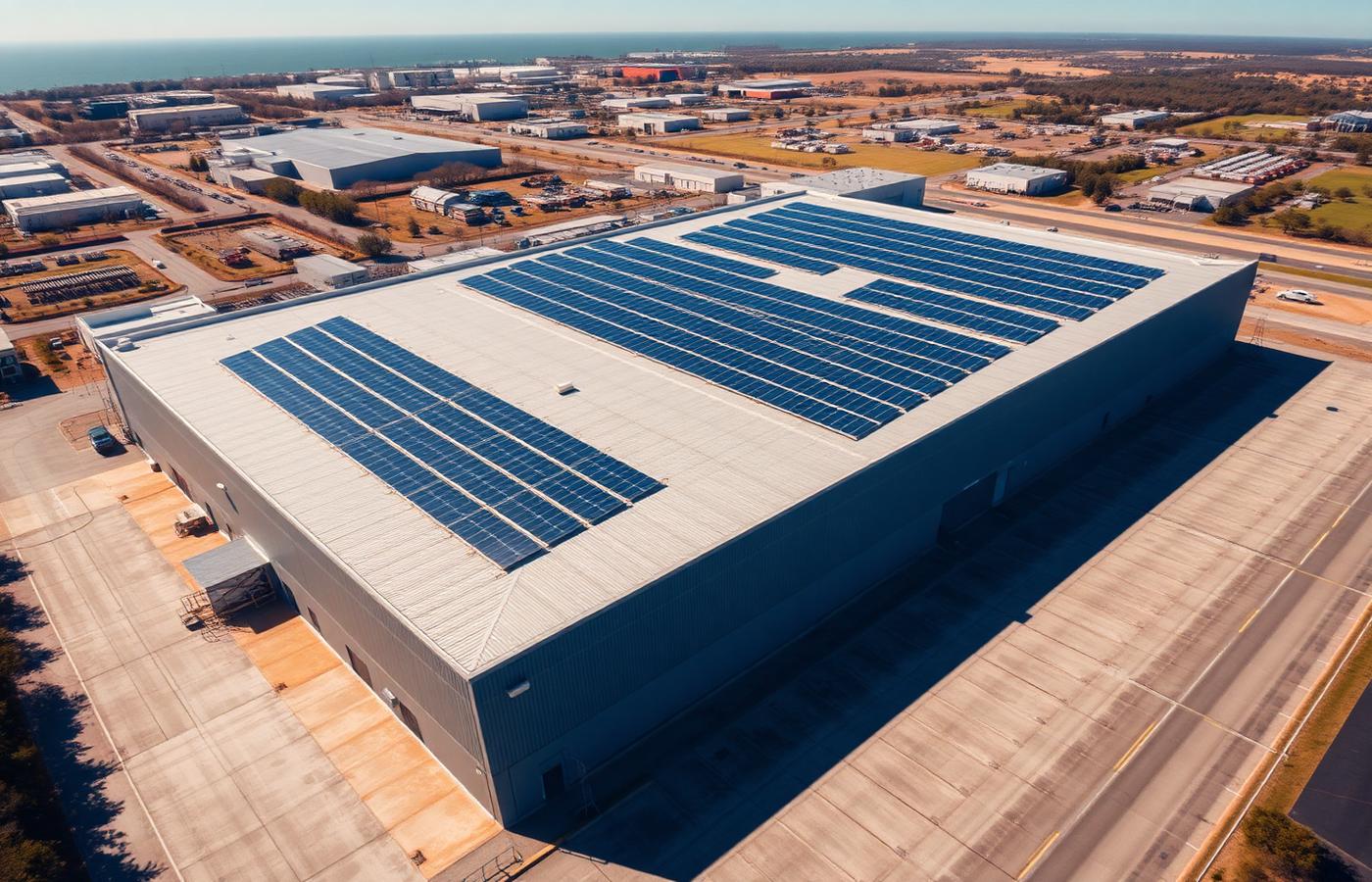 Aerial view of a commercial warehouse roof covered in solar panels