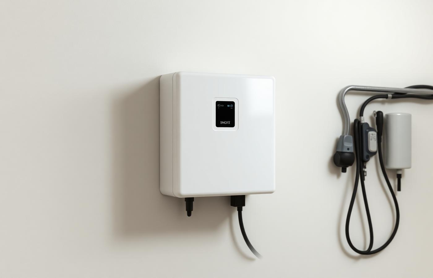 Wall-mounted home battery storage unit installed in a clean garage