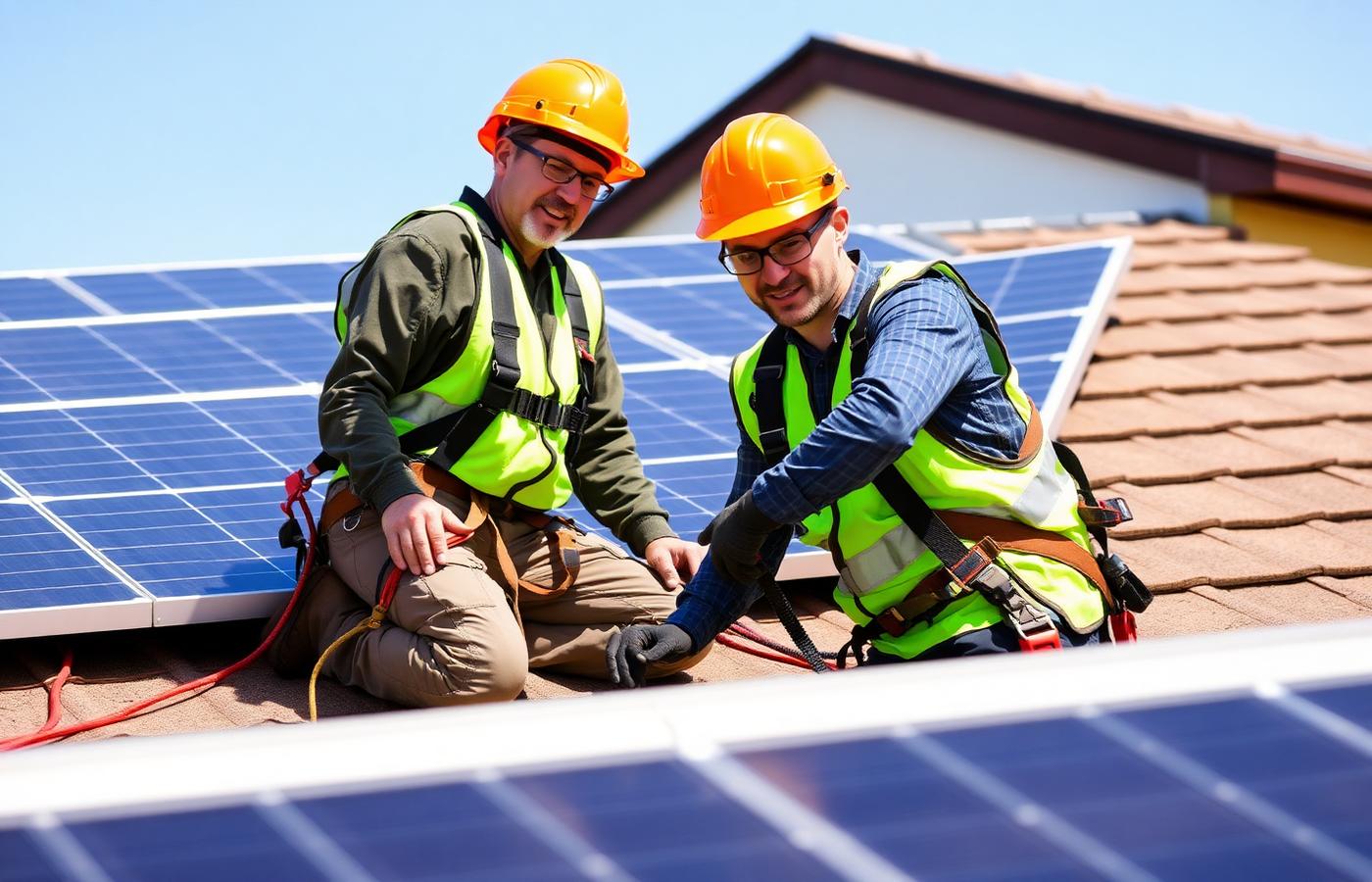 Two installers in hard hats and harnesses mounting solar panels on a residential roof