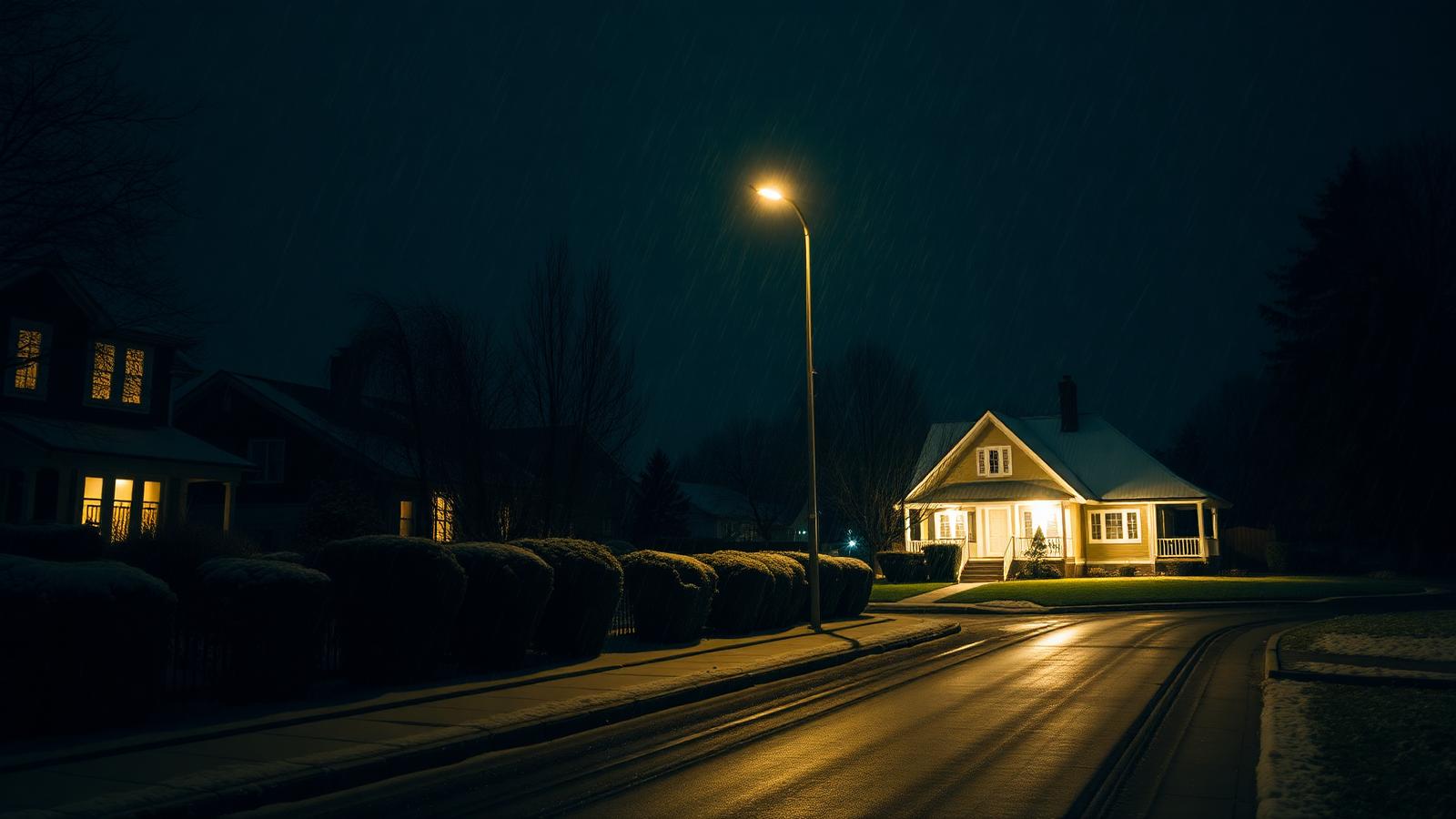 One brightly lit house on a dark residential street during a night-time outage