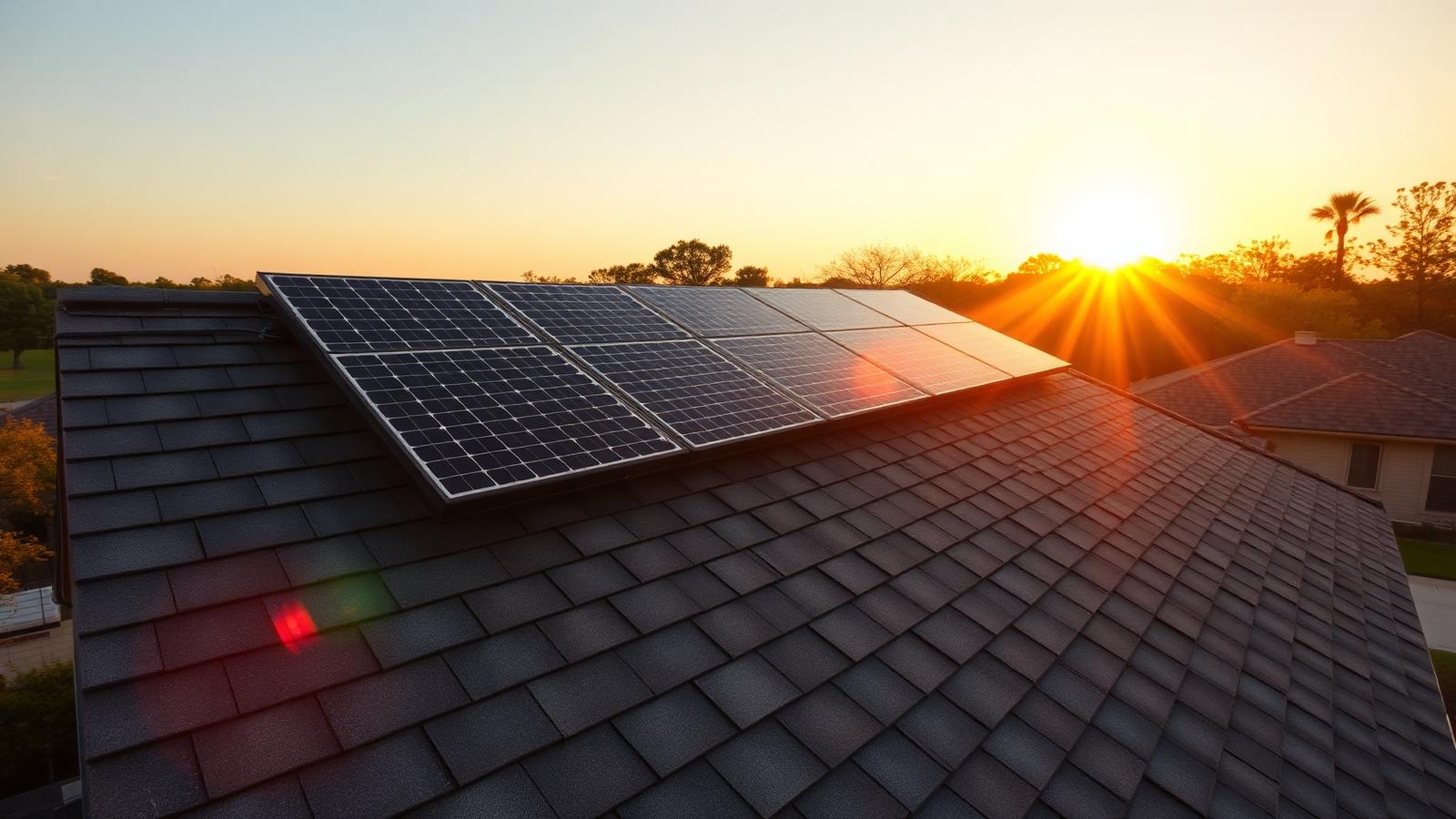 Solar panels installed on a suburban asphalt-shingle roof at golden hour