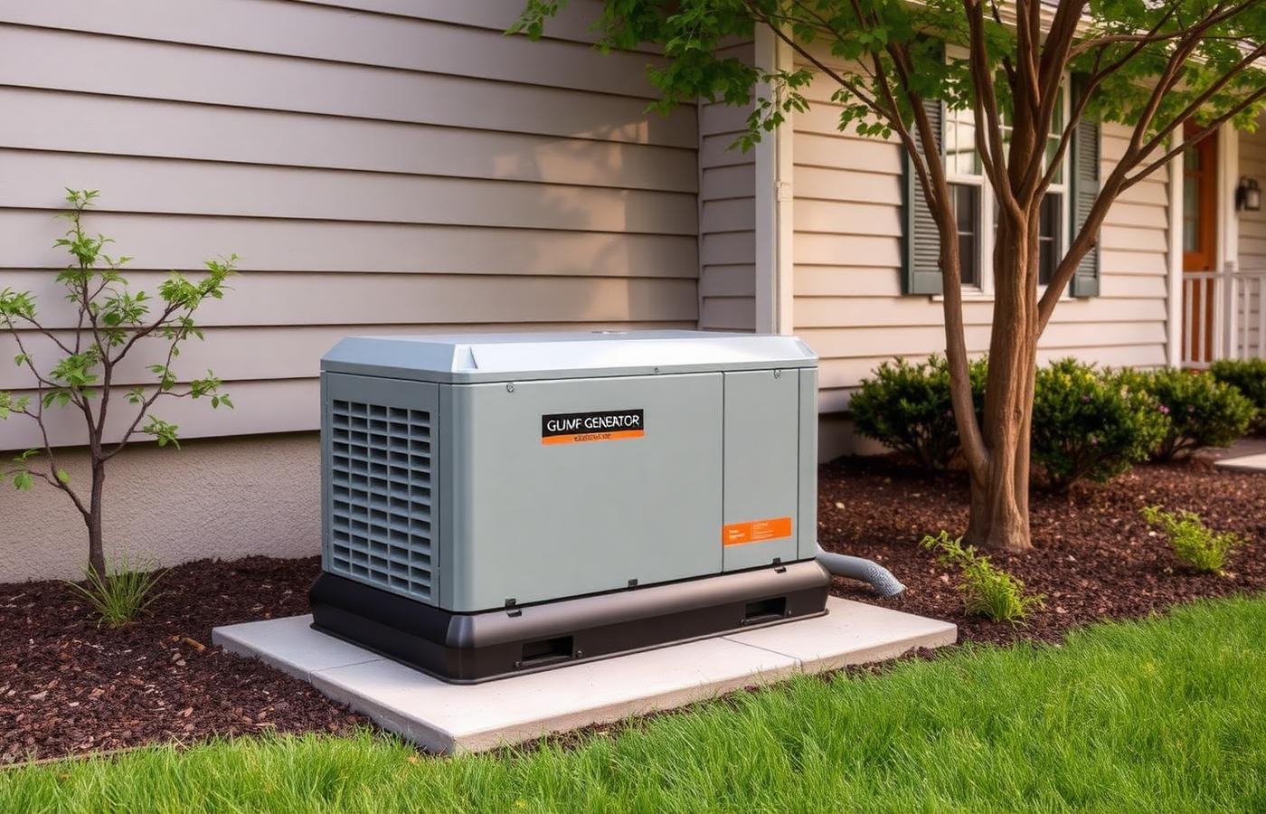 Standby backup generator on a concrete pad beside a suburban home