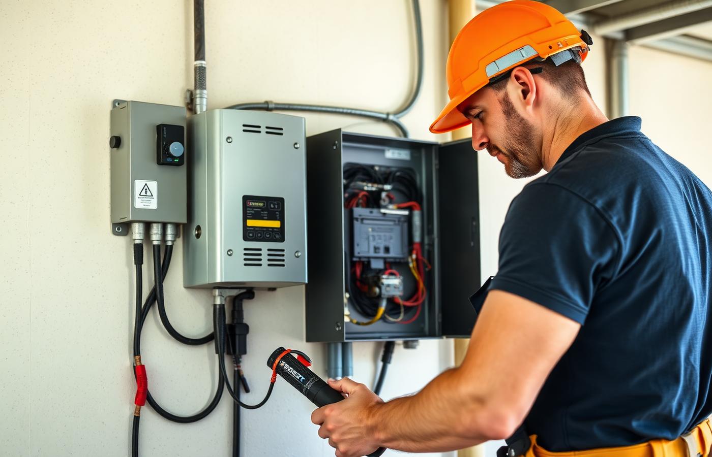 Electrician wiring a solar inverter and electrical panel on a garage wall